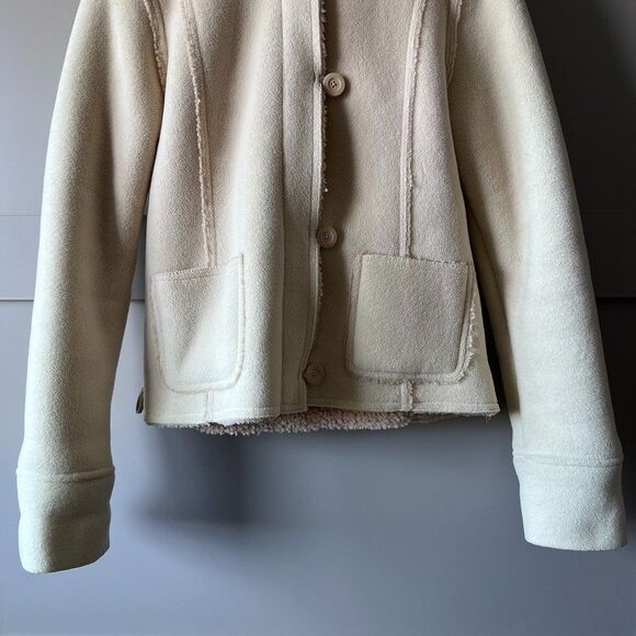 Old Navy Sherpa Fleece Jacket Women Large Beige Zip Buttons Pockets Cozy Winter - Picture 4 of 16